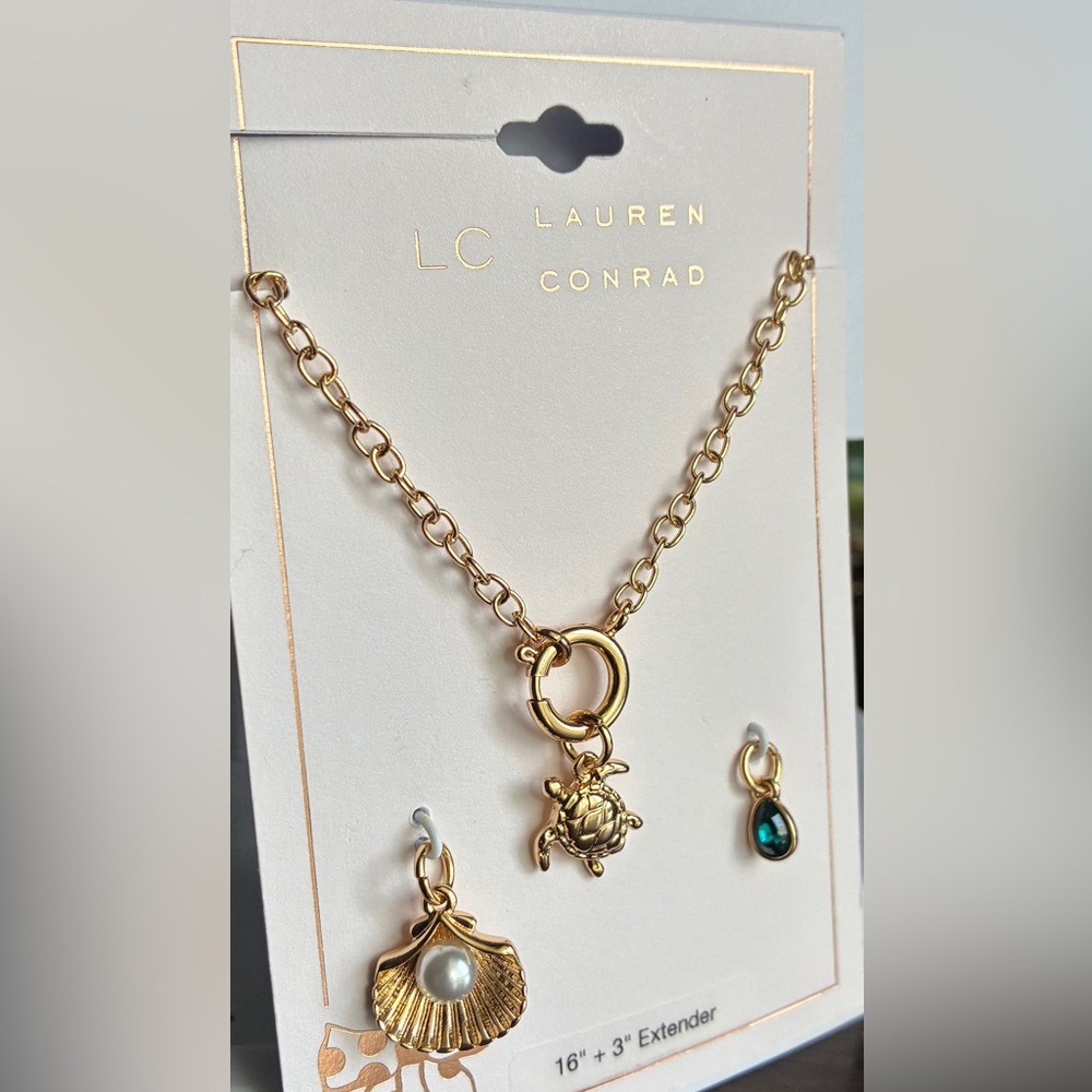 LC Lauren Conrad Gold-Tone Turtle Charm Necklace with Shell and Teal Drop - Picture 2 of 10
